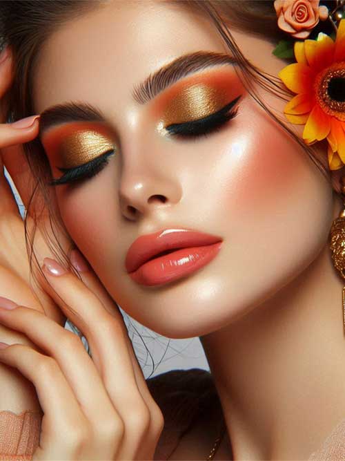 Spring makeup features a model with orange blush and golden eyeshadow, evoking the warmth of a sunset on her face.